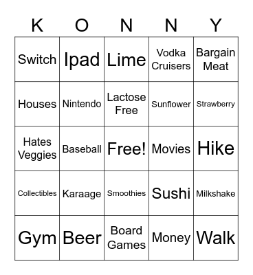 Konrad's 30th Birthday Bingo Card