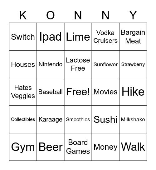 Konrad's 30th Birthday Bingo Card