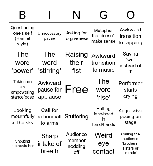 Spoken Word Bingo Card