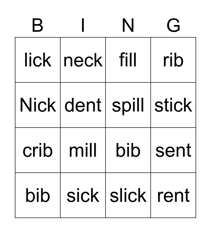 -ent, -eck, -ill, -ib, and -ick Bingo Card