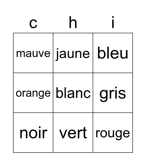 Couleurs Bingo Card