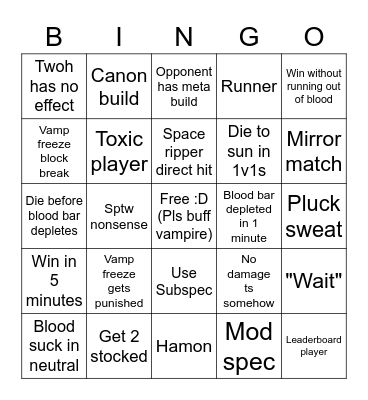 YBA Vamp Bingo! Bingo Card