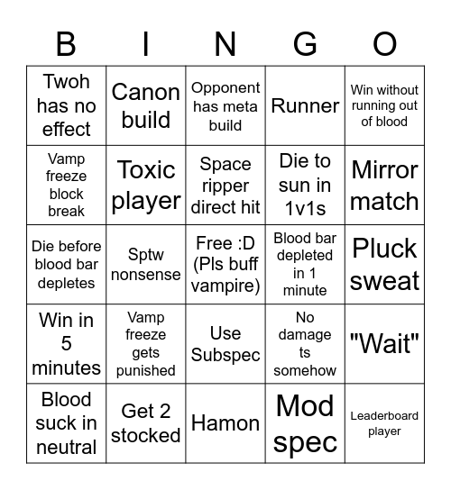 YBA Vamp Bingo! Bingo Card