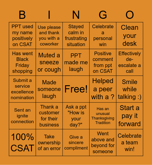 Customer Service/Thankful/Kindness Bingo Card