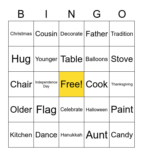 Holiday Vocabulary Bingo Card