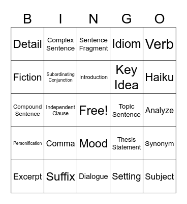 Academic Glossary Bingo Card
