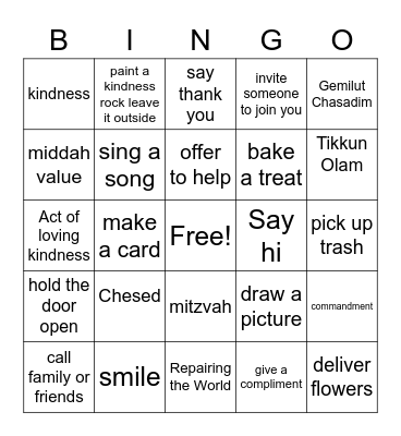 Chesed/Kindness Bingo Card