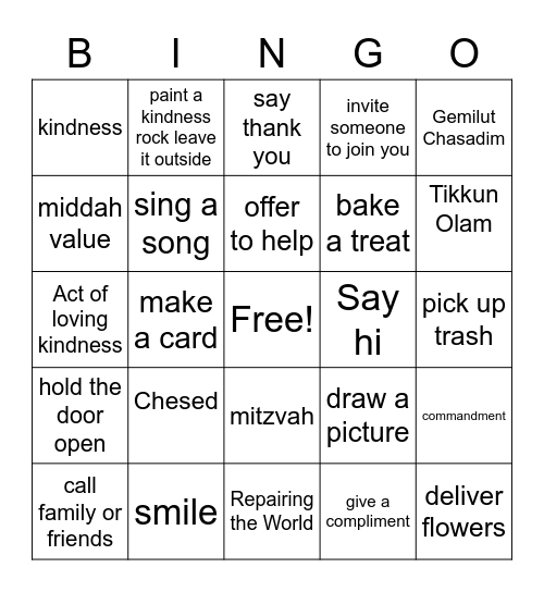 Chesed/Kindness Bingo Card
