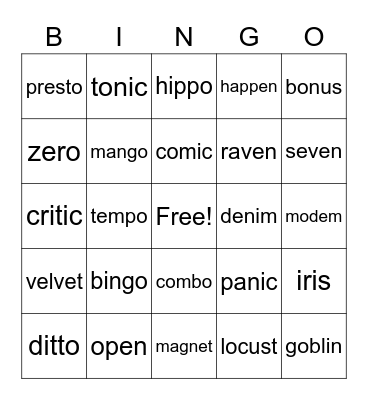Open and Closed Multisyllabic Bingo Card