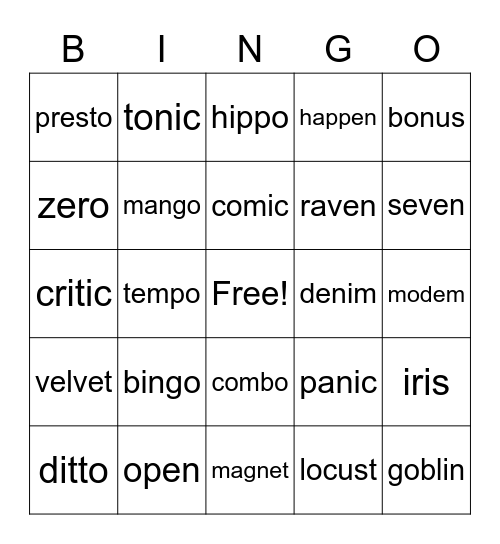 Open and Closed Multisyllabic Bingo Card