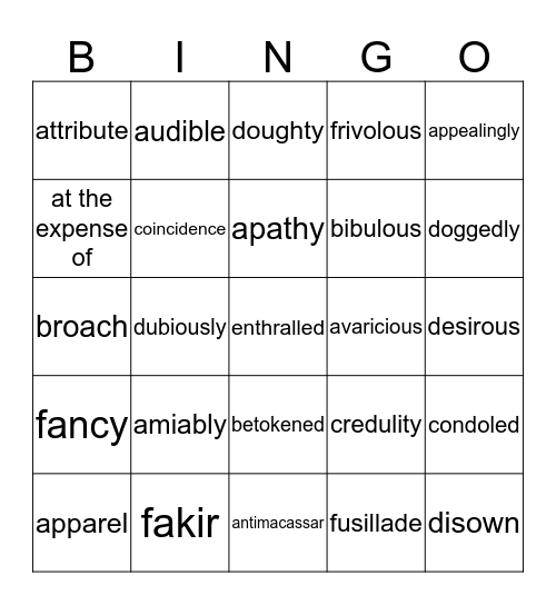 Vocabulary for "The Monkey's Paw" Bingo Card