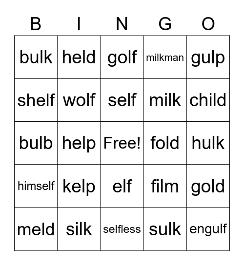 Ending L Blends Bingo Card