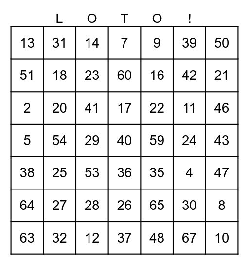 French Numbers 0-69 Bingo Card