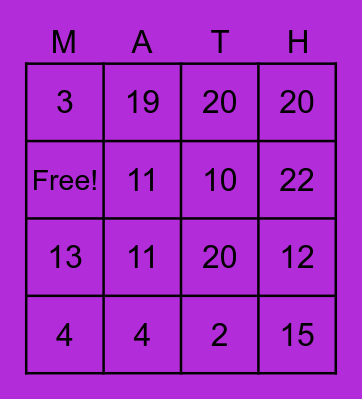 FUN MATH BINGO Card