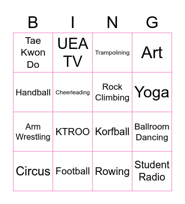 University Clubs and Societies Bingo Card