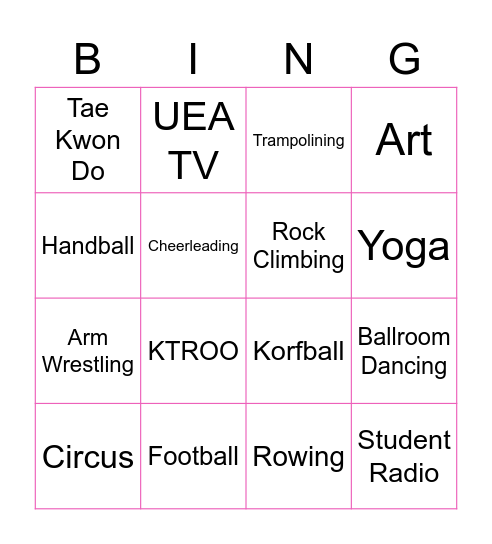 University Clubs and Societies Bingo Card