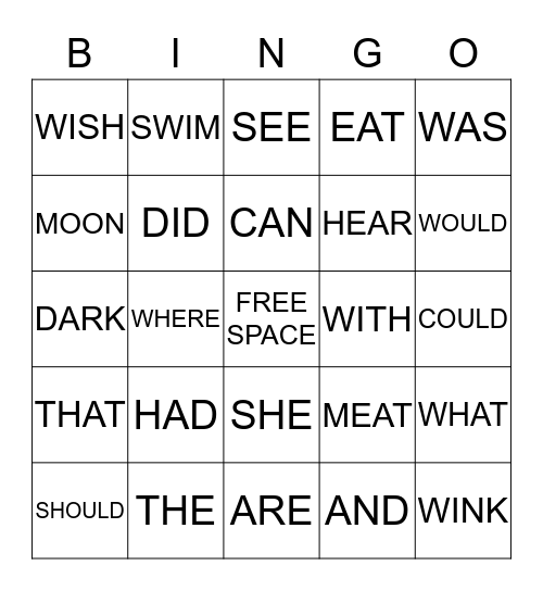 Spelling Bingo Card
