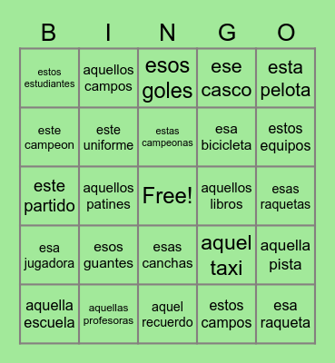 Spanish Demonstrative Adjectives Bingo Card