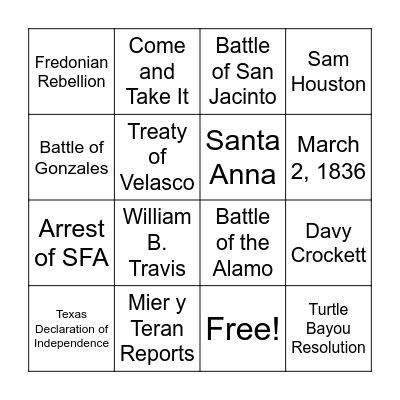 Texas Revolution Bingo Card