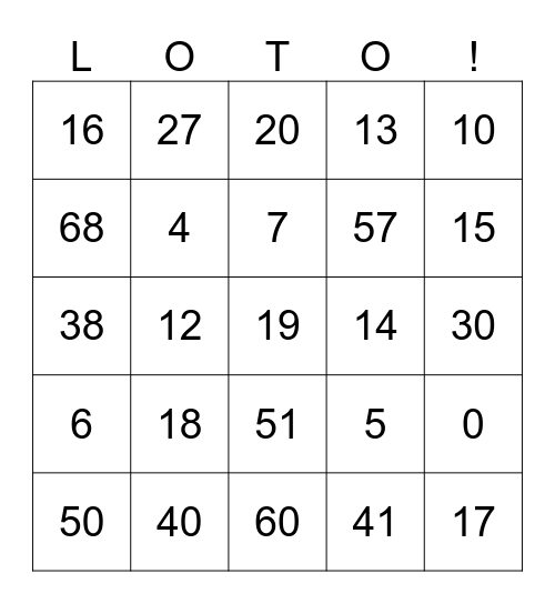 Bingo 0-60s Bingo Card