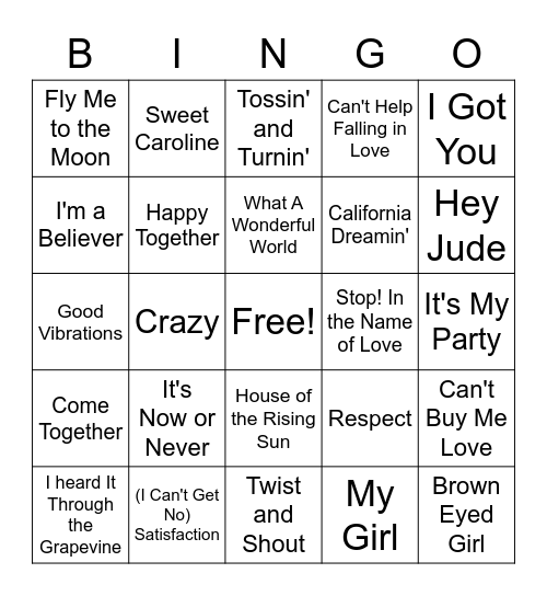1960s Music Bingo Card