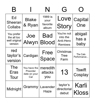 Taylor Swift Bingo Card