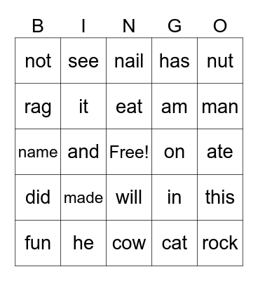 Key Word Bingo Card