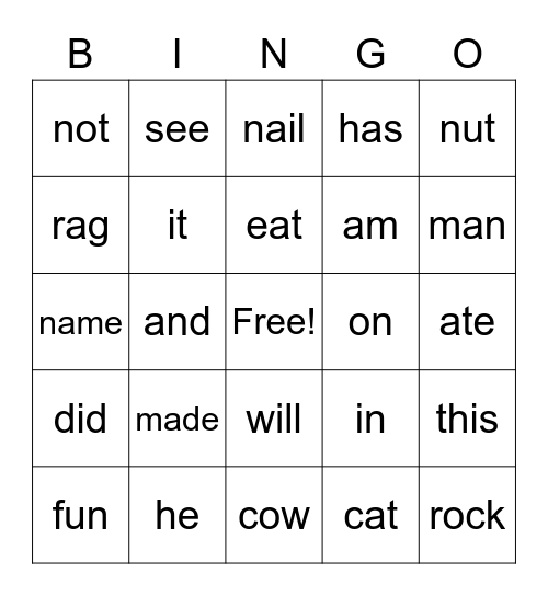 Key Word Bingo Card