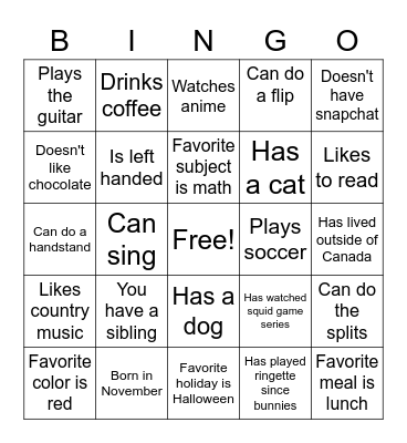 String Bingo Card