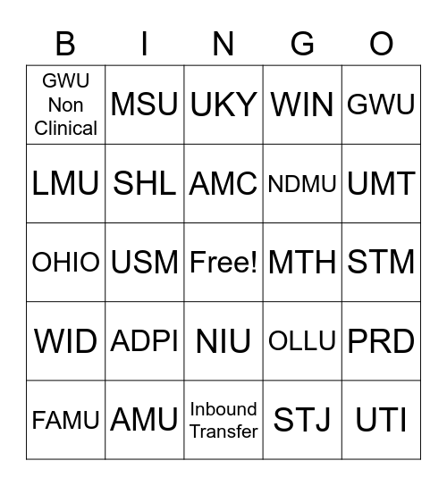 Transfer Bingo Card