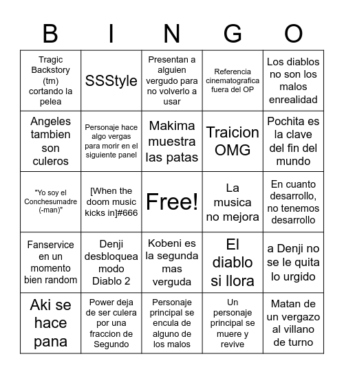 Chainsaw Man por alguien que no ha leido el manga Bingo Card