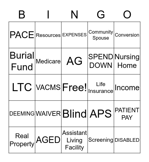 LONG TERM CARE Bingo Card