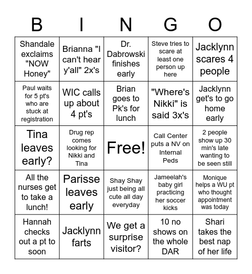 Pediatric Bingo Card