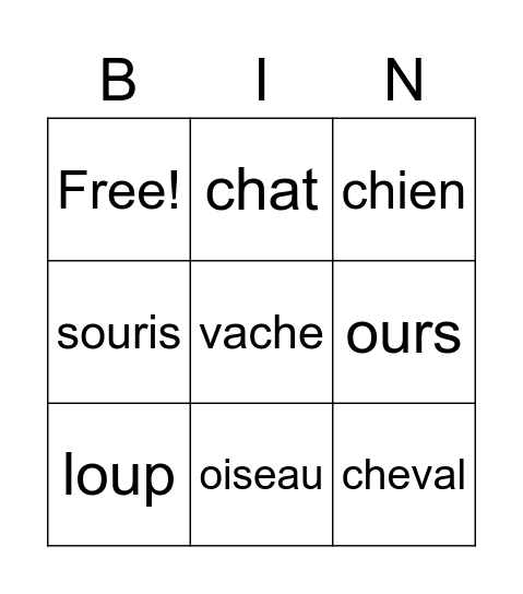 animaux Bingo Card