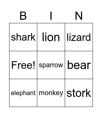 Animals Bingo Card