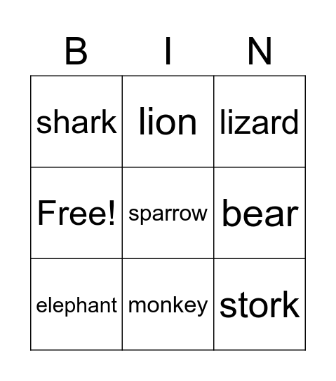 Animals Bingo Card