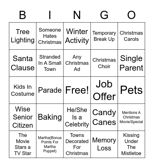 Hallmark Christmas Movie Bingo Card
