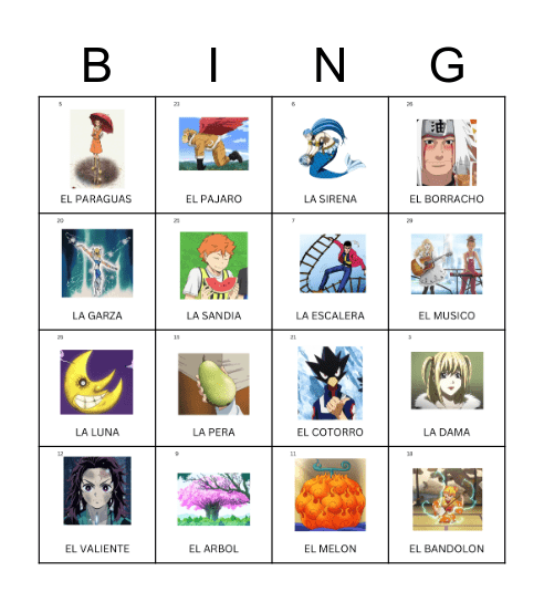 Anime Bingo Card