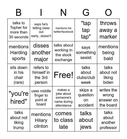 Sloan Bingo (if you get a bingo, raise your hand and incorporate the word "bingo" into your quesiton. If he sees your paper, you lose Bingo Card