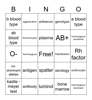 Blood Evidence Card Bingo Card