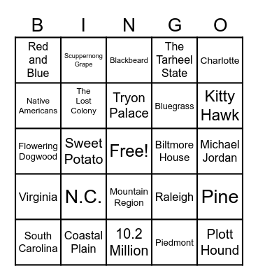 State of North Carolina Bingo Card