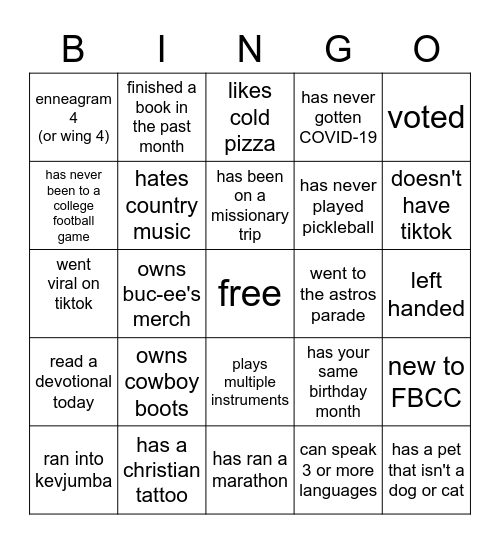 ice breaker Bingo Card