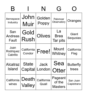 california bingo Card