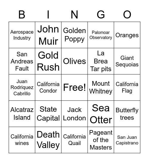 california bingo Card