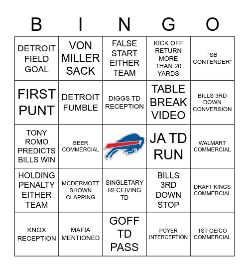 Buffalo Bills Bingo Card