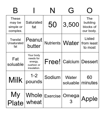 Nutrition Bingo Card