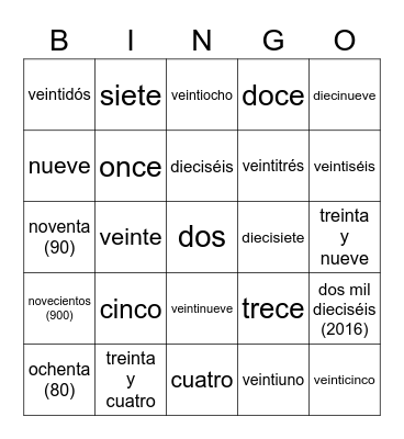 Los Números Bingo Card