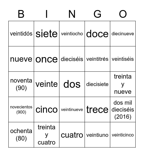 Los Números Bingo Card