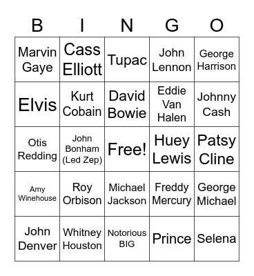 Dead Artists Bingo Card