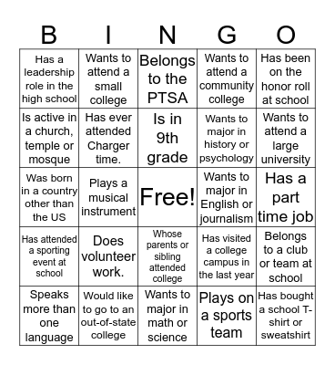 9th Grade UCAW BINGO Card